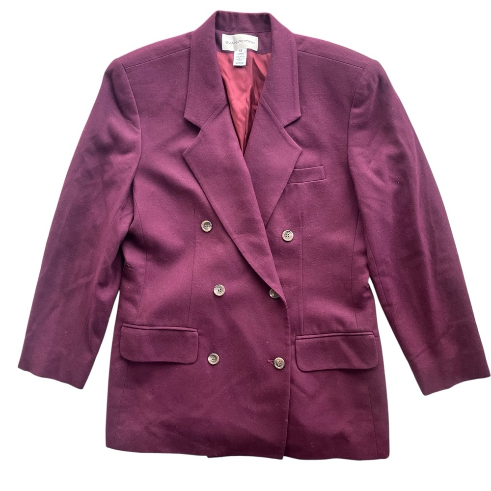 Evan Picone Women’s Sz 14 Maroon 100% Worsted Wool Double Breasted Button Blazer